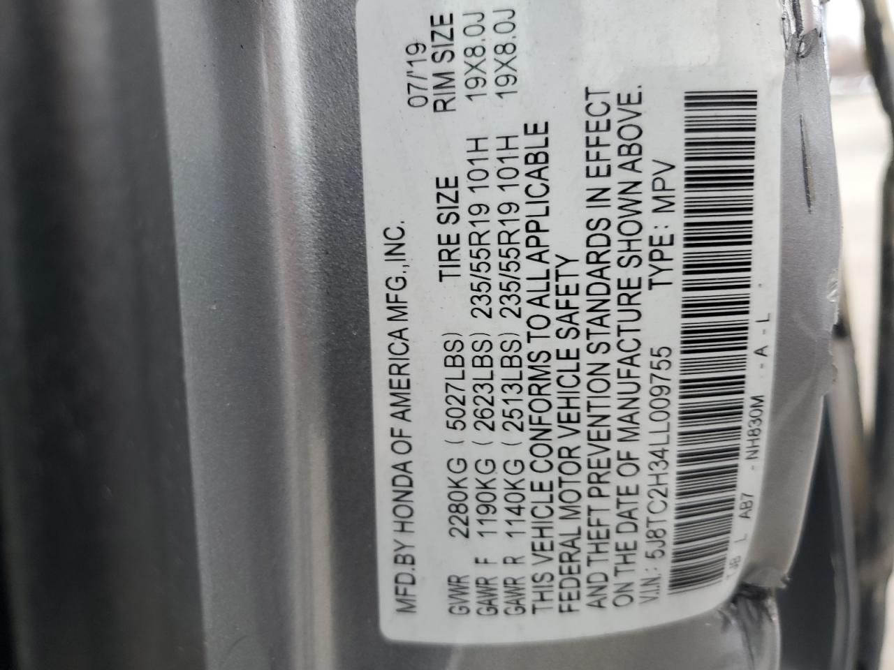 2020 Acura Rdx VIN: 5J8TC2H34LL009755 Lot: 92579125