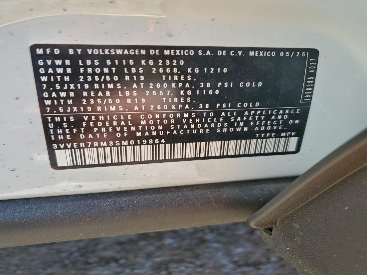 2025 Volkswagen Tiguan Se VIN: 3VVER7RM3SM019864 Lot: 94310325