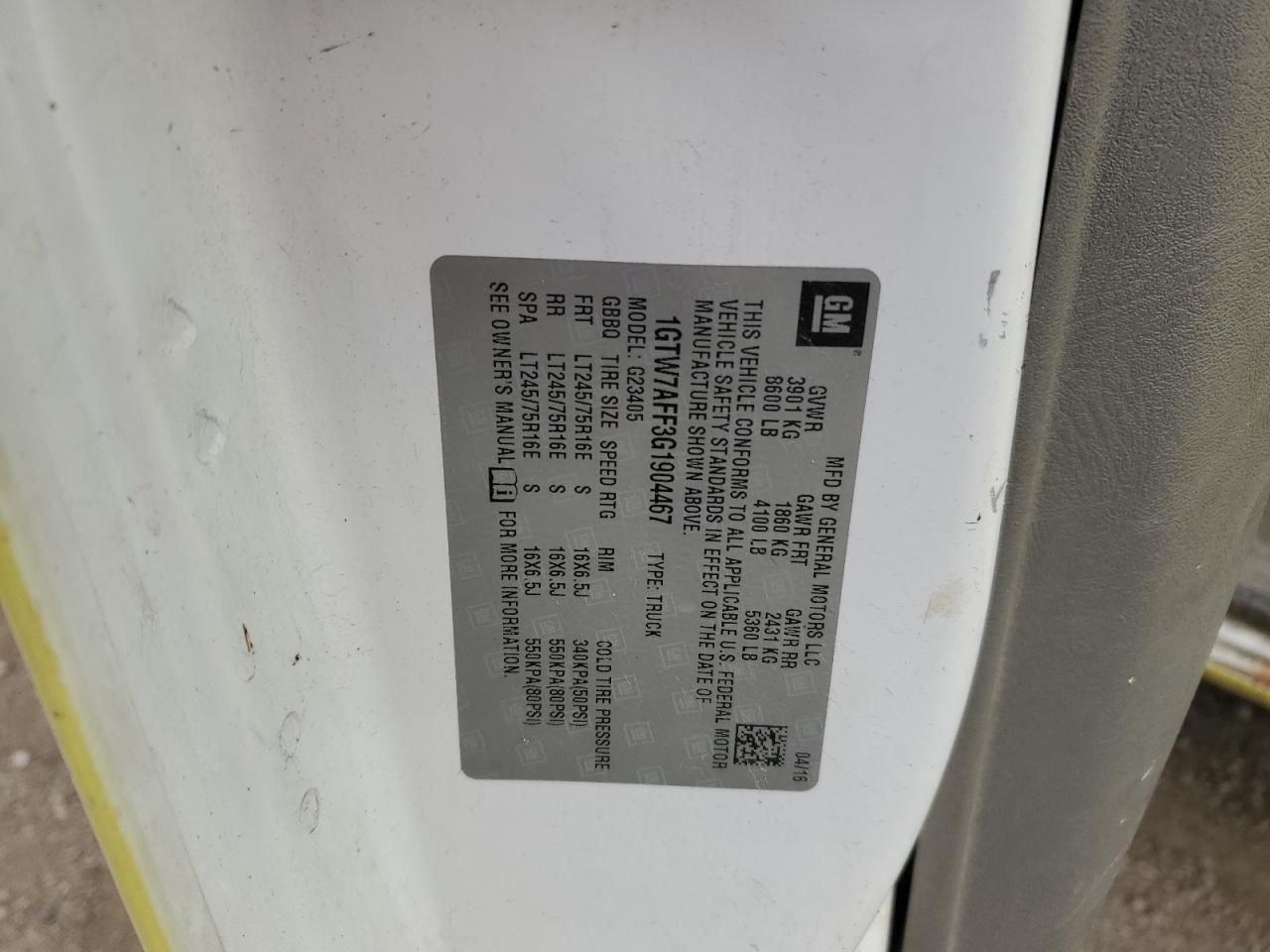 2016 GMC Savana G2500 VIN: 1GTW7AFF3G1904467 Lot: 93122635