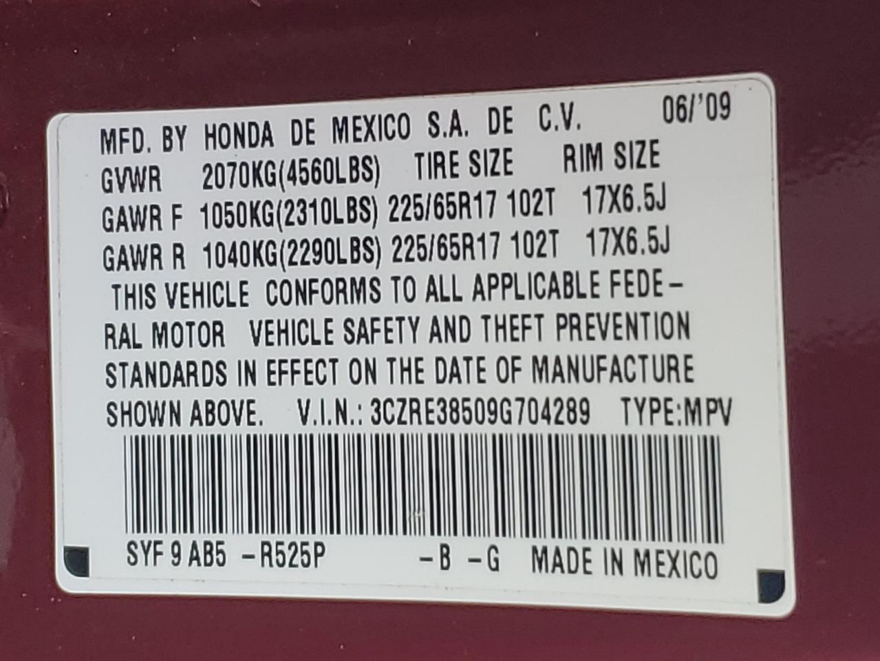 2009 Honda Cr-V Ex VIN: 3CZRE38509G704289 Lot: 90759415