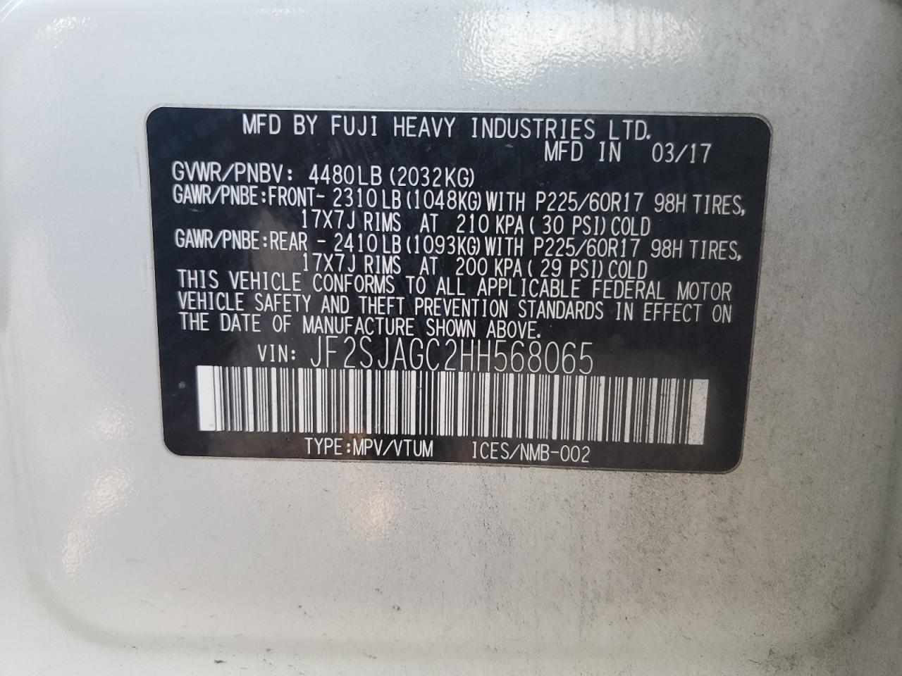 2017 Subaru Forester 2.5I Premium VIN: JF2SJAGC2HH568065 Lot: 92731575