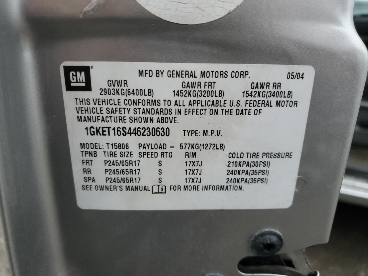 2004 GMC Envoy Xl VIN: 1GKET16S446230630 Lot: 92247105