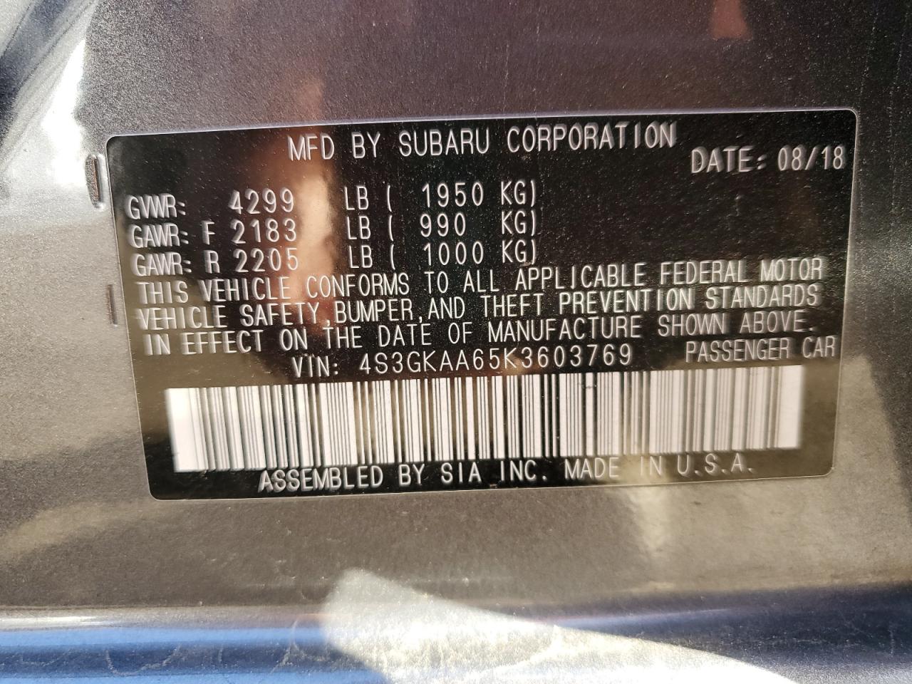 2019 Subaru Impreza VIN: 4S3GKAA65K3603769 Lot: 93074715