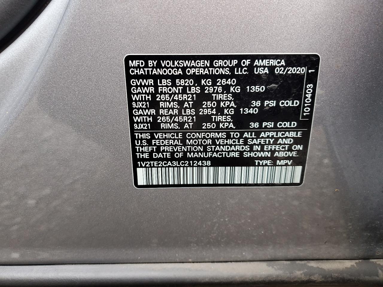 2020 Volkswagen Atlas Cross Sport Sel Premium R-Line VIN: 1V2TE2CA3LC212438 Lot: 92131775