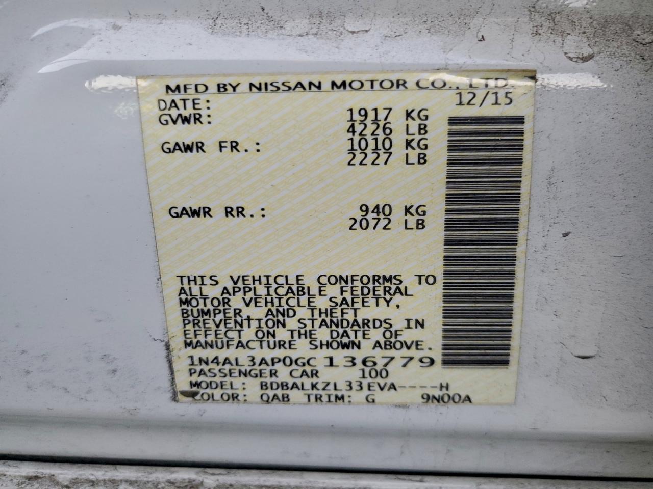 2016 Nissan Altima 2.5 VIN: 1N4AL3AP0GC136779 Lot: 93422765