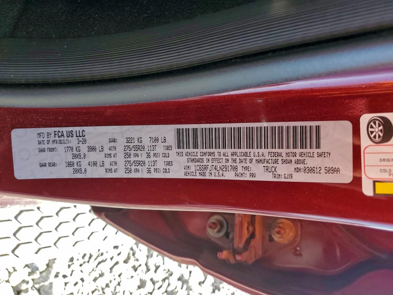 2020 Ram 1500 Laramie VIN: 1C6SRFJT4LN291708 Lot: 93859005