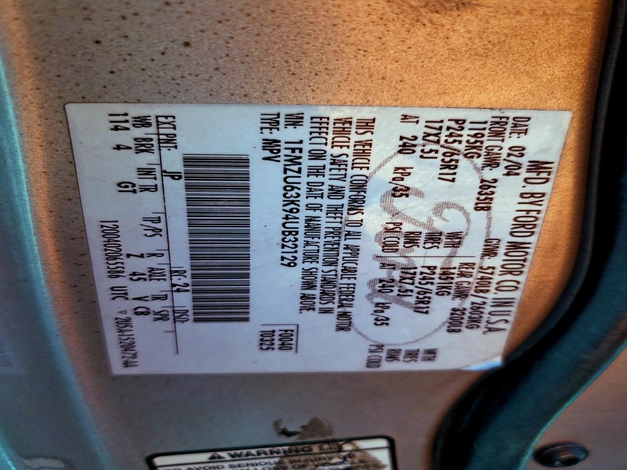 2004 Ford Explorer Xlt VIN: 1FMZU63K94UB32129 Lot: 94245475