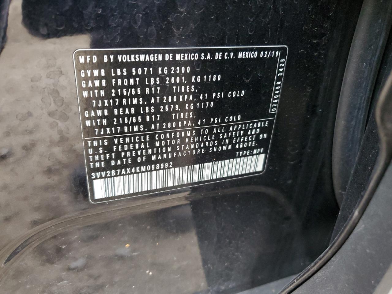 2019 Volkswagen Tiguan Se VIN: 3VV2B7AX4KM098992 Lot: 91642895