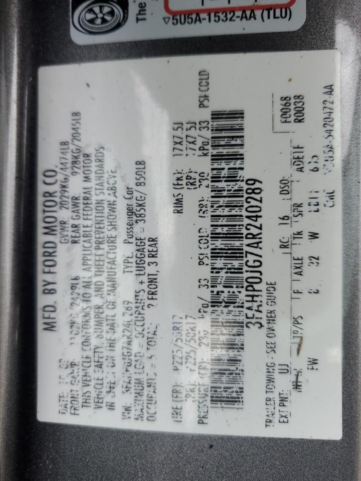 2010 Ford Fusion Sel VIN: 3FAHP0JG7AR240289 Lot: 92288785