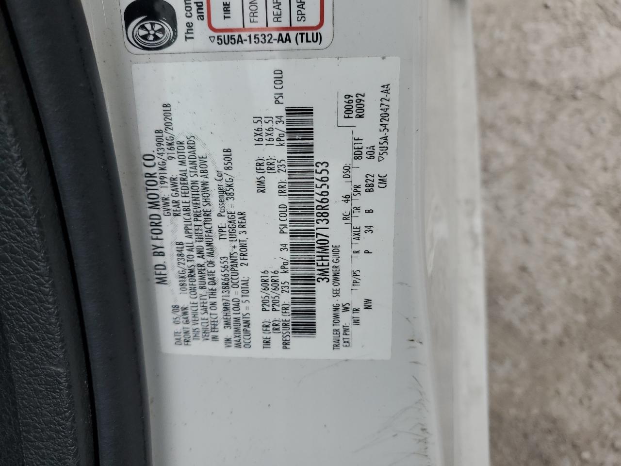 2008 Mercury Milan VIN: 3MEHM07138R665653 Lot: 91807275