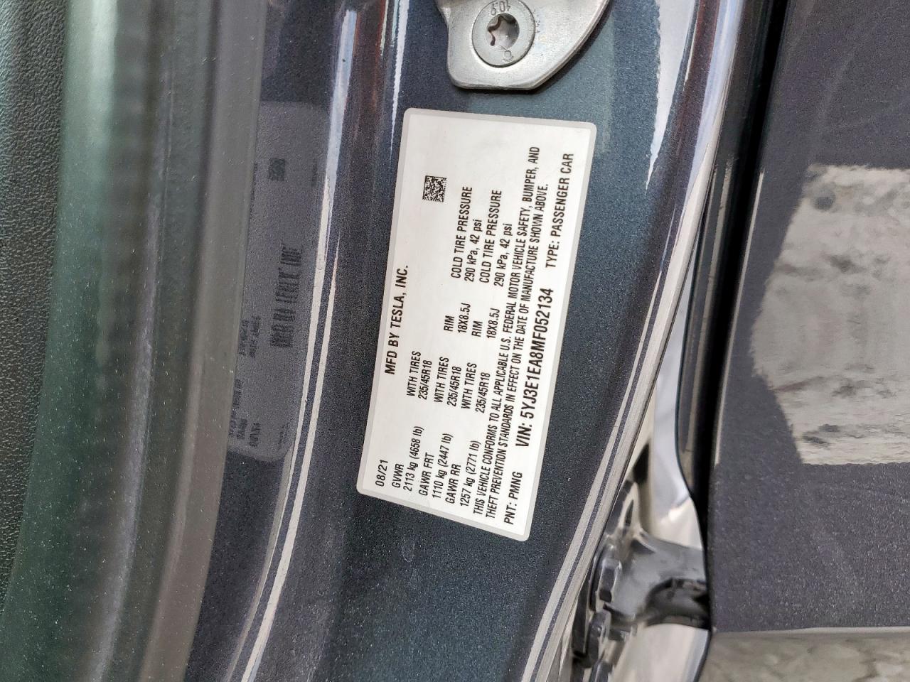 2021 Tesla Model 3 VIN: 5YJ3E1EA8MF052134 Lot: 93367615