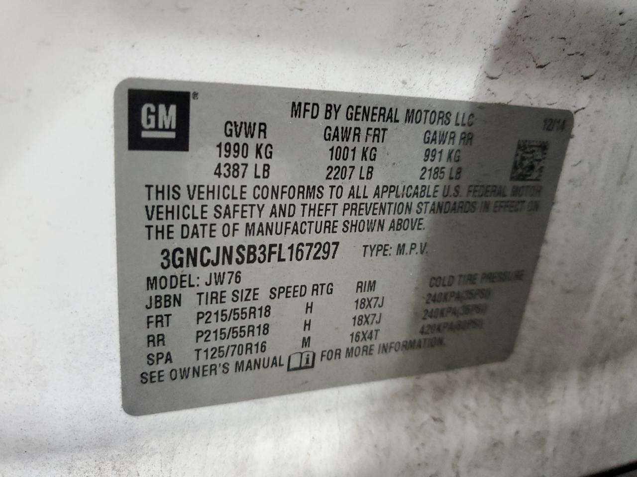 2015 Chevrolet Trax Ltz VIN: 3GNCJNSB3FL167297 Lot: 93003275