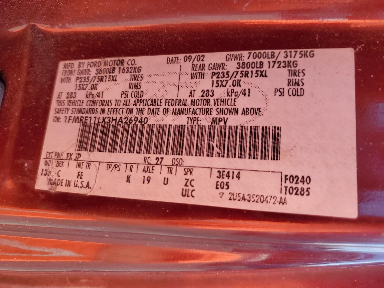 2003 Ford Econoline E150 Wagon VIN: 1FMRE11LX3HA26940 Lot: 93220425