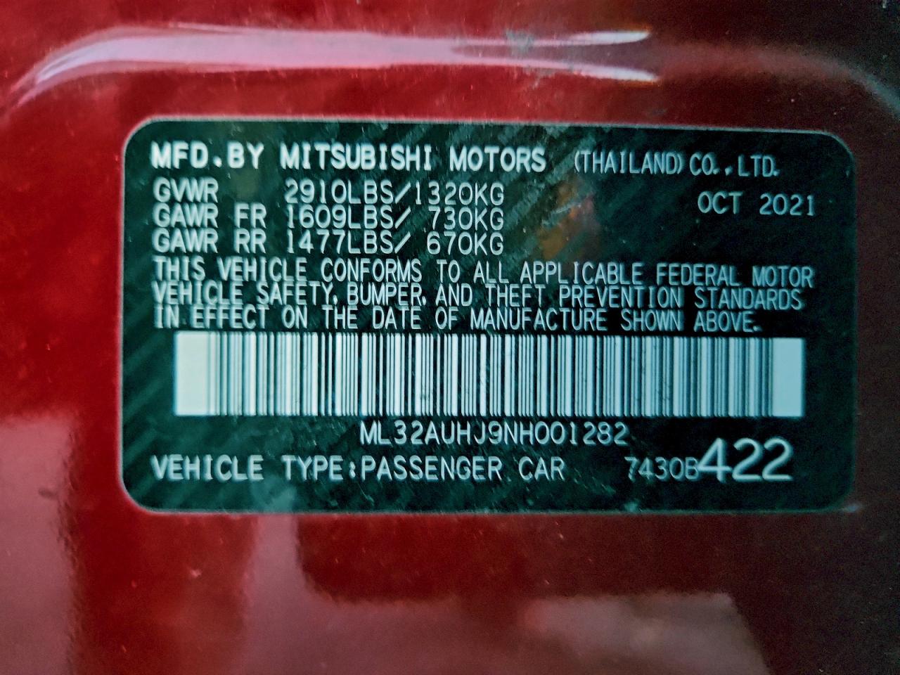 2022 Mitsubishi Mirage Es VIN: ML32AUHJ9NH001282 Lot: 94361015