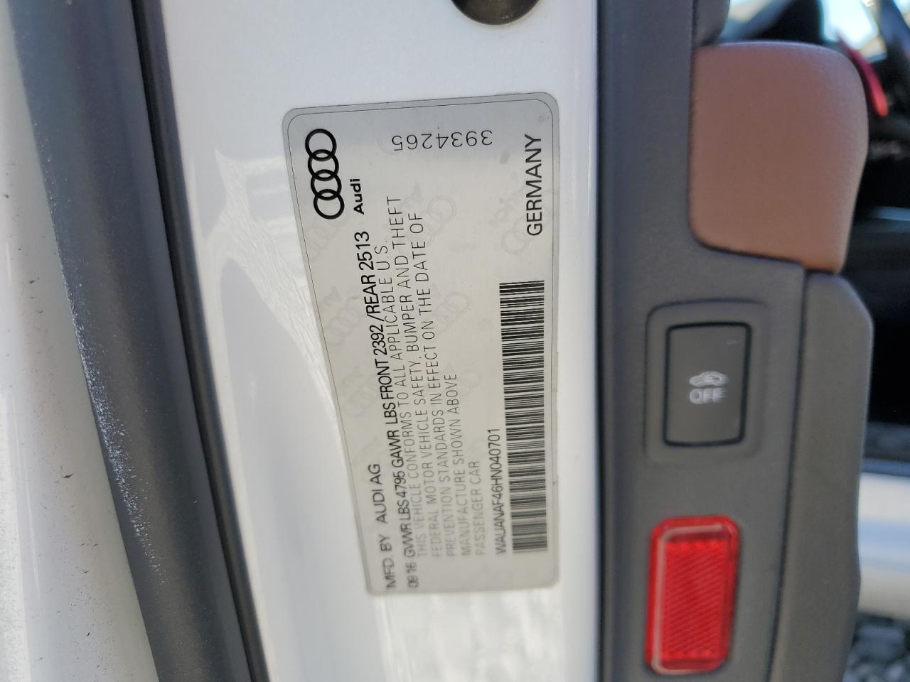 2017 Audi A4 Premium VIN: WAUANAF46HN040701 Lot: 91767775