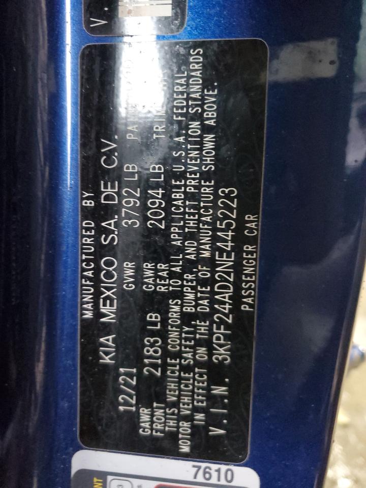 2022 Kia Forte Fe VIN: 3KPF24AD2NE445223 Lot: 92299185