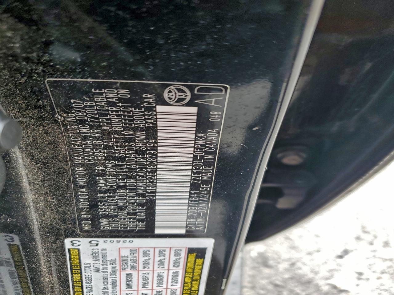 2008 Toyota Corolla Ce VIN: 2T1BR32E18C879194 Lot: 92117835