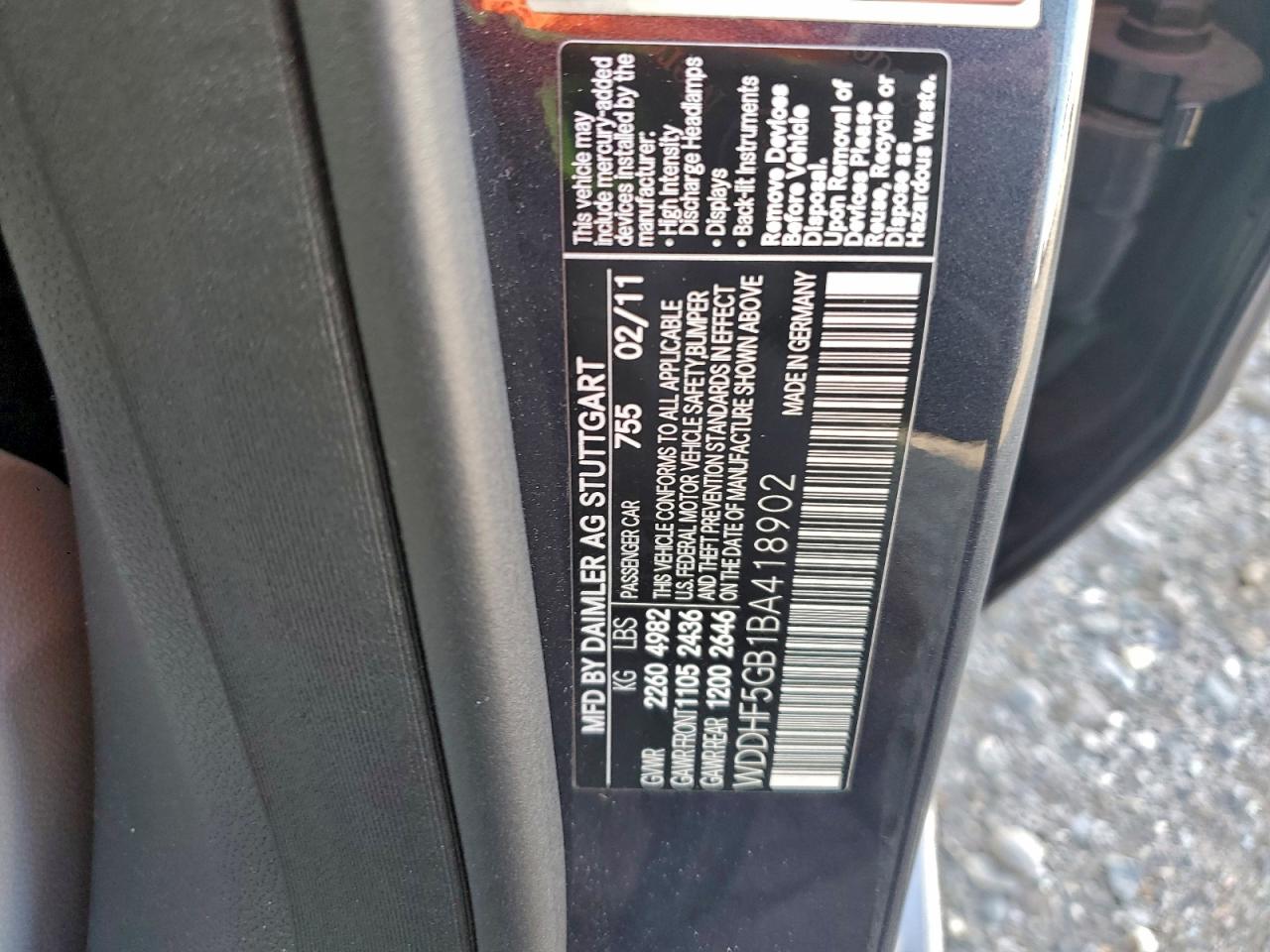 2011 Mercedes-Benz E 350 VIN: WDDHF5GB1BA418902 Lot: 94380535