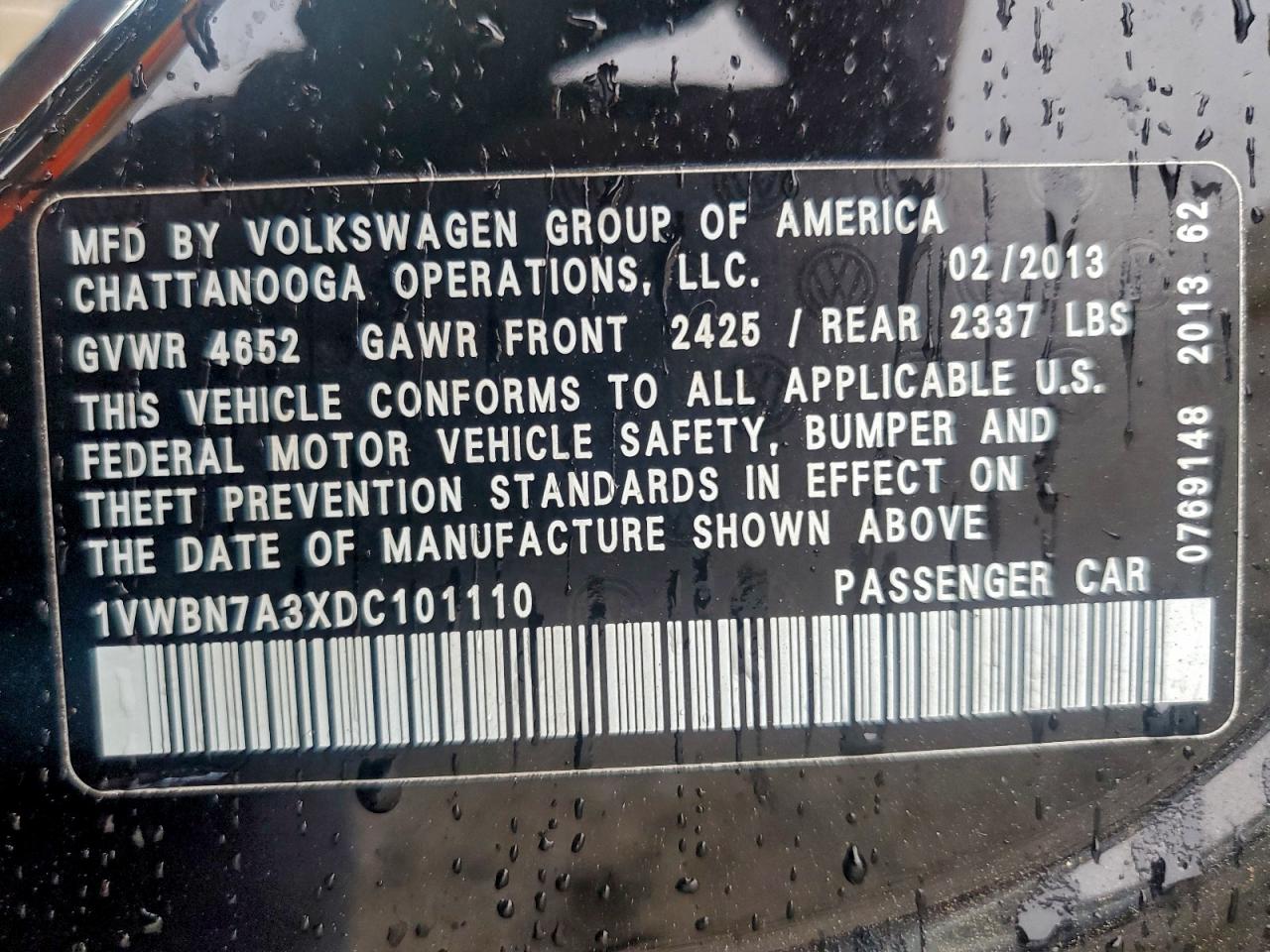 2013 Volkswagen Passat Se VIN: 1VWBN7A3XDC101110 Lot: 94296835