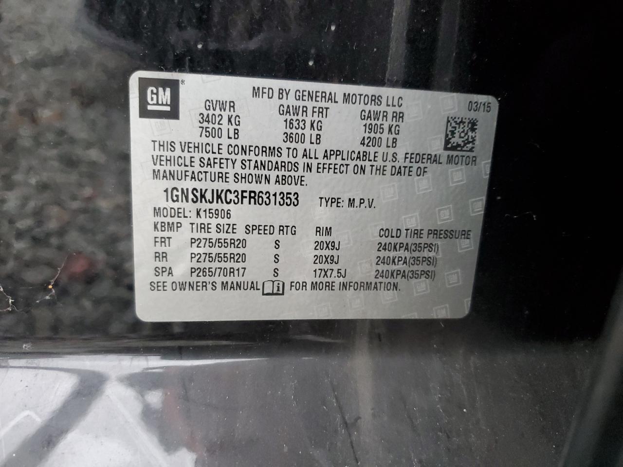 2015 Chevrolet Suburban K1500 Lt VIN: 1GNSKJKC3FR631353 Lot: 91994795