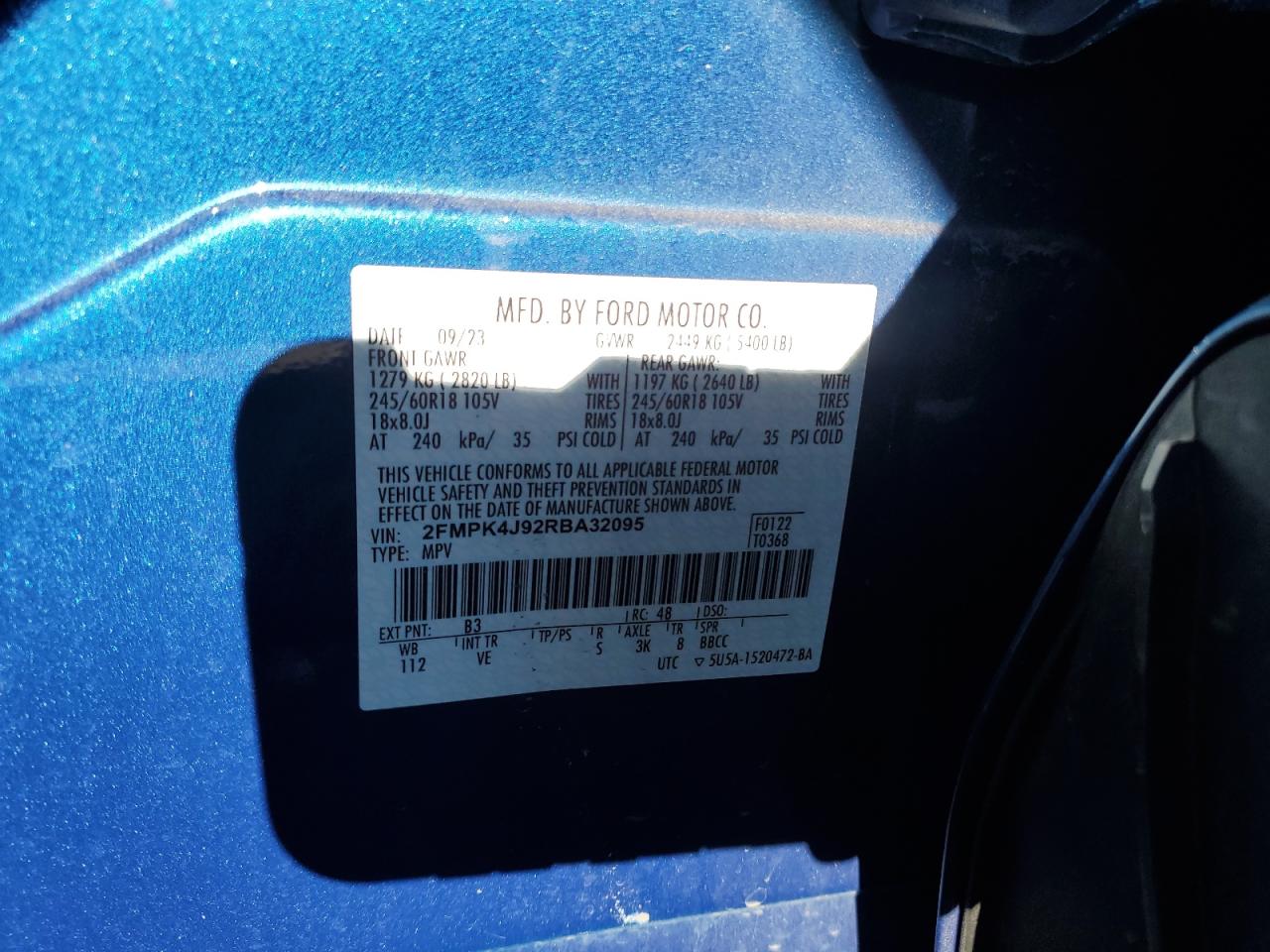 2024 Ford Edge Sel VIN: 2FMPK4J92RBA32095 Lot: 91258355