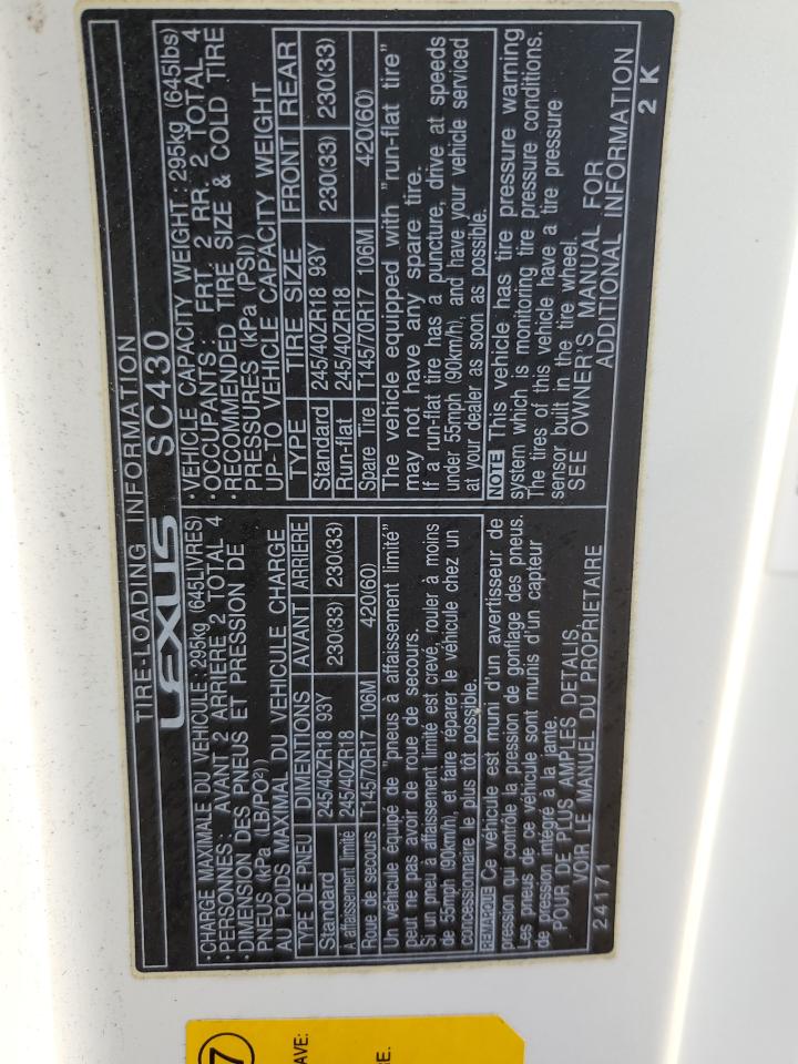 2003 Lexus Sc 430 VIN: JTHFN48Y030036996 Lot: 92243575