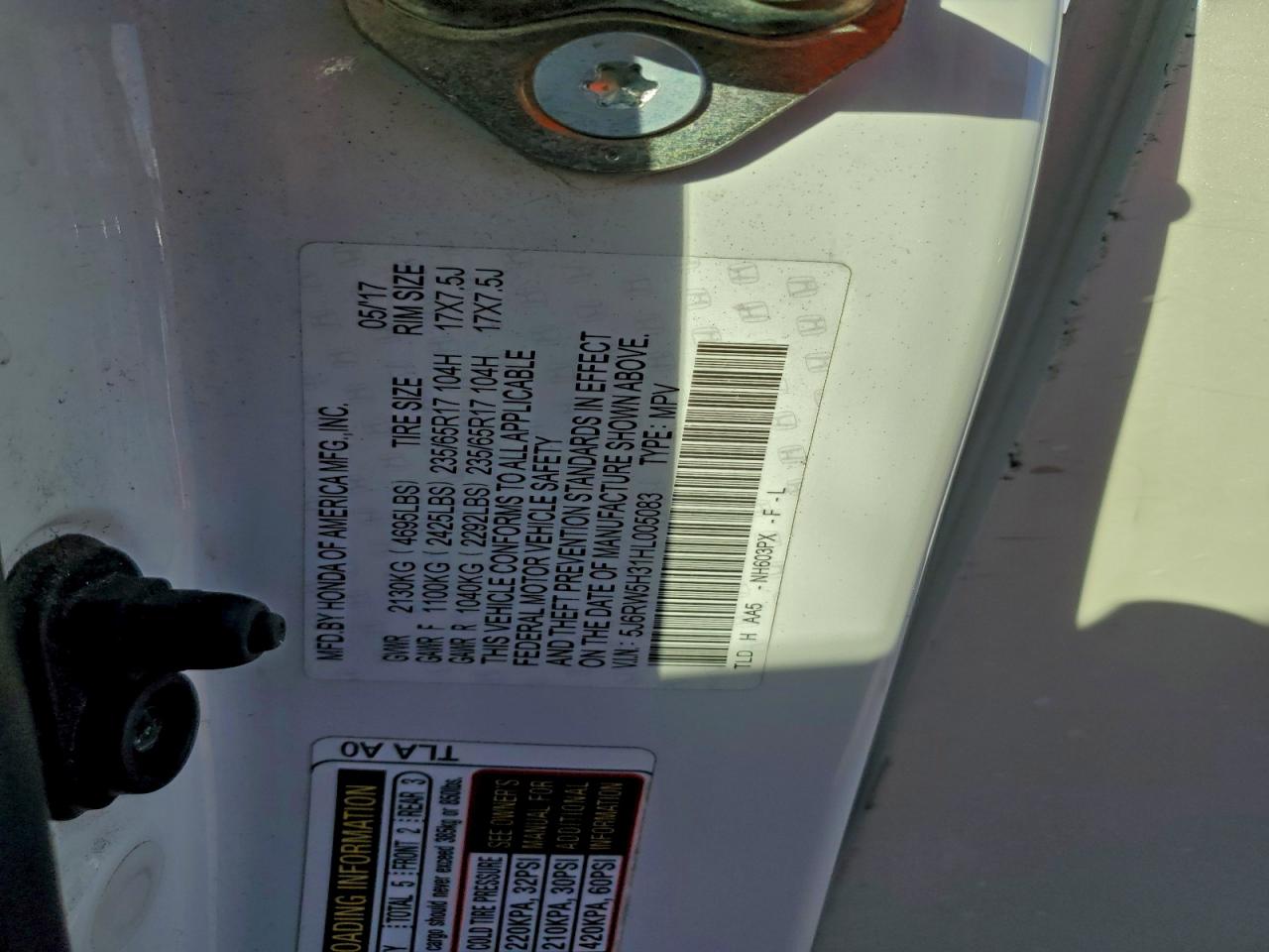 2017 Honda Cr-V Lx VIN: 5J6RW5H31HL005083 Lot: 94648705