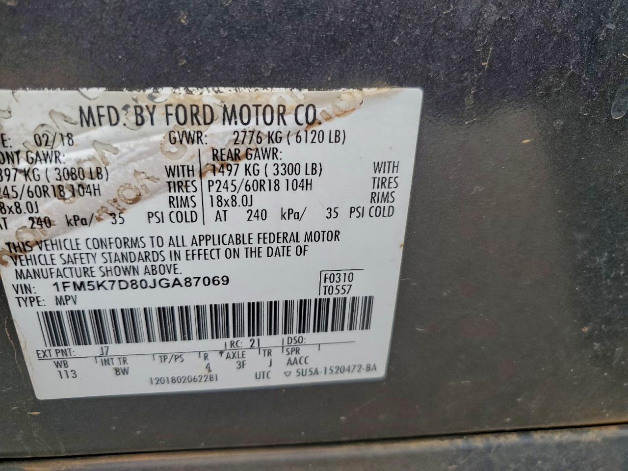 2018 Ford Explorer Xlt VIN: 1FM5K7D80JGA87069 Lot: 94053895