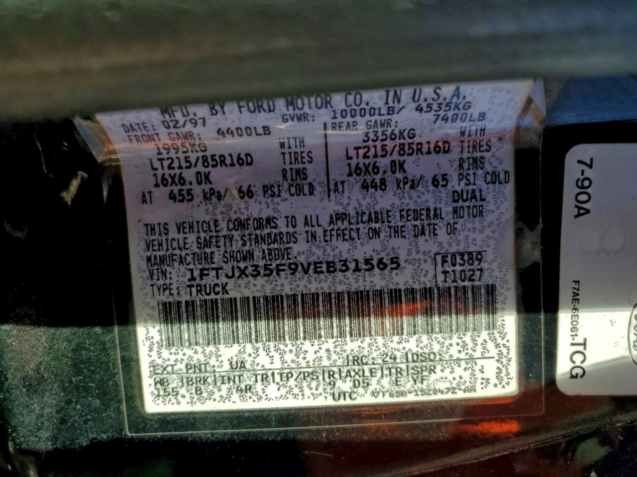 1997 Ford F350 VIN: 1FTJX35F9VEB31565 Lot: 89578595