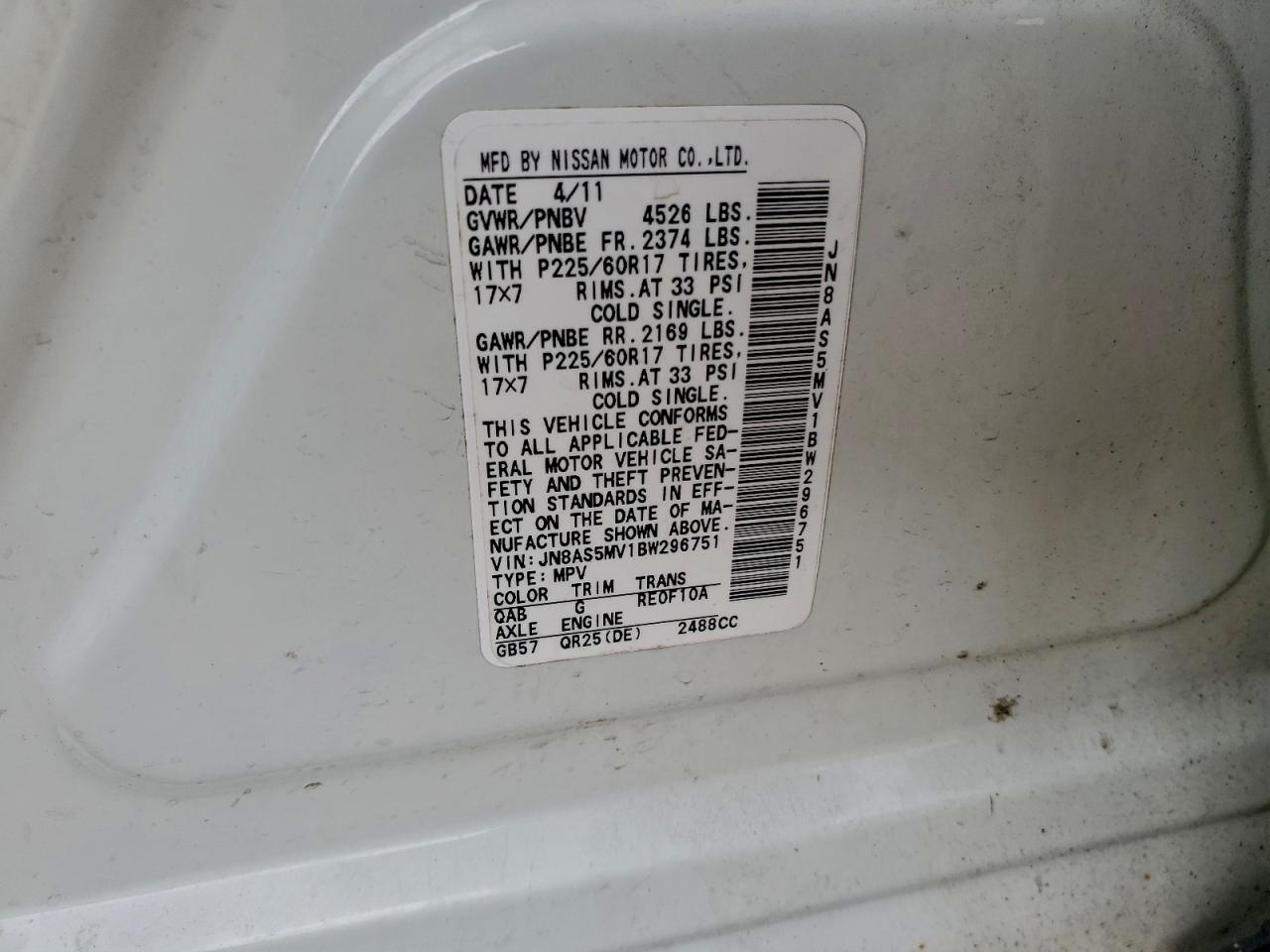 2011 Nissan Rogue S VIN: JN8AS5MV1BW296751 Lot: 93742105