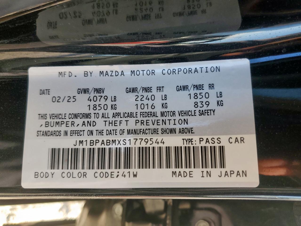 2025 Mazda 3 Select Sport VIN: JM1BPABMXS1779544 Lot: 92650815