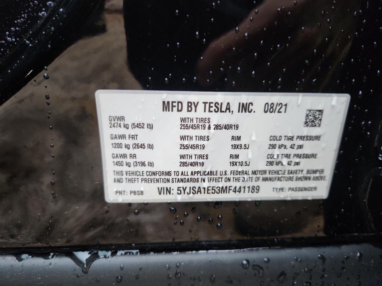 2021 Tesla Model S VIN: 5YJSA1E53MF441189 Lot: 93710225