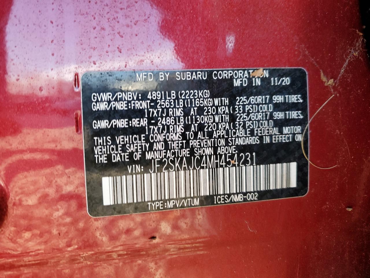 2021 Subaru Forester Premium VIN: JF2SKAJC4MH454231 Lot: 92568295