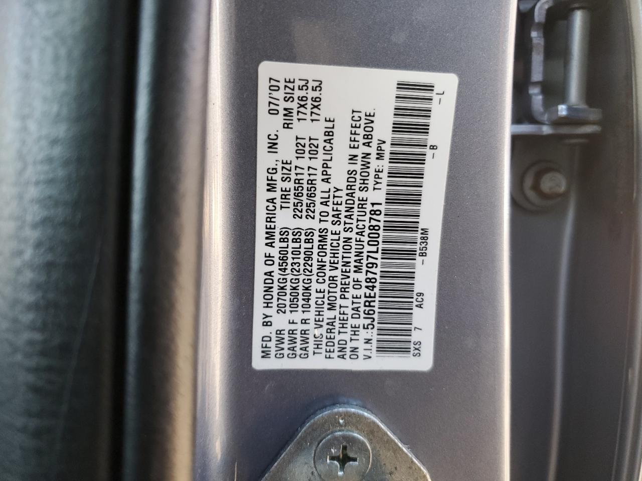 2007 Honda Cr-V Exl VIN: 5J6RE48797L008781 Lot: 91439875