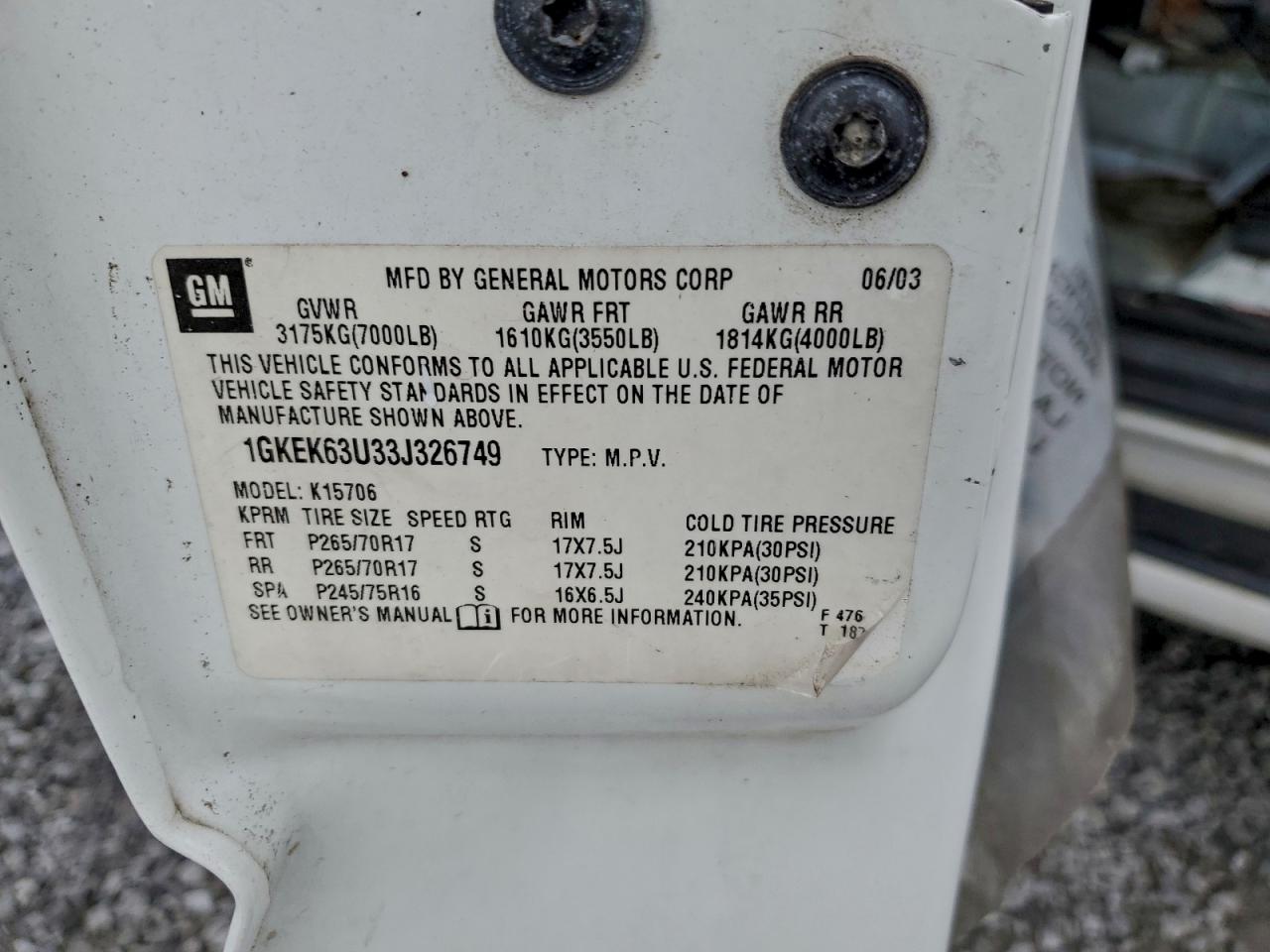 2003 GMC Yukon Denali VIN: 1GKEK63U33J326749 Lot: 93843165