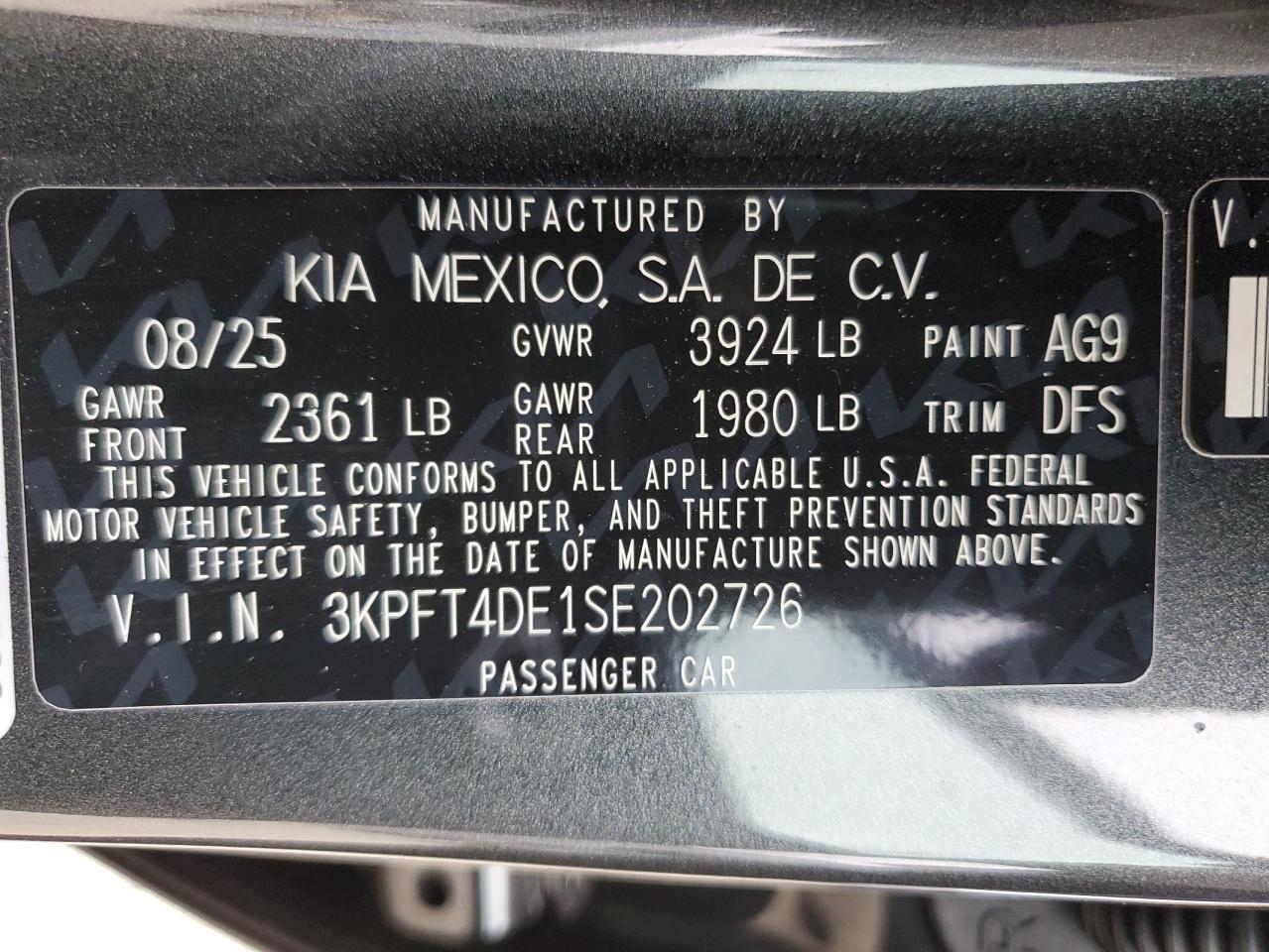 2025 Kia K4 Lx VIN: 3KPFT4DE1SE202726 Lot: 93682005