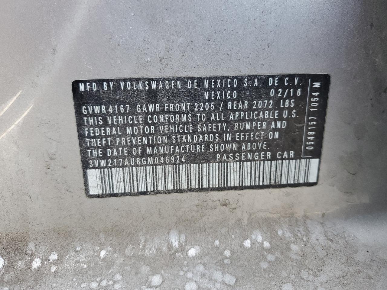 2016 Volkswagen Golf S/Se VIN: 3VW217AU8GM046924 Lot: 91605895
