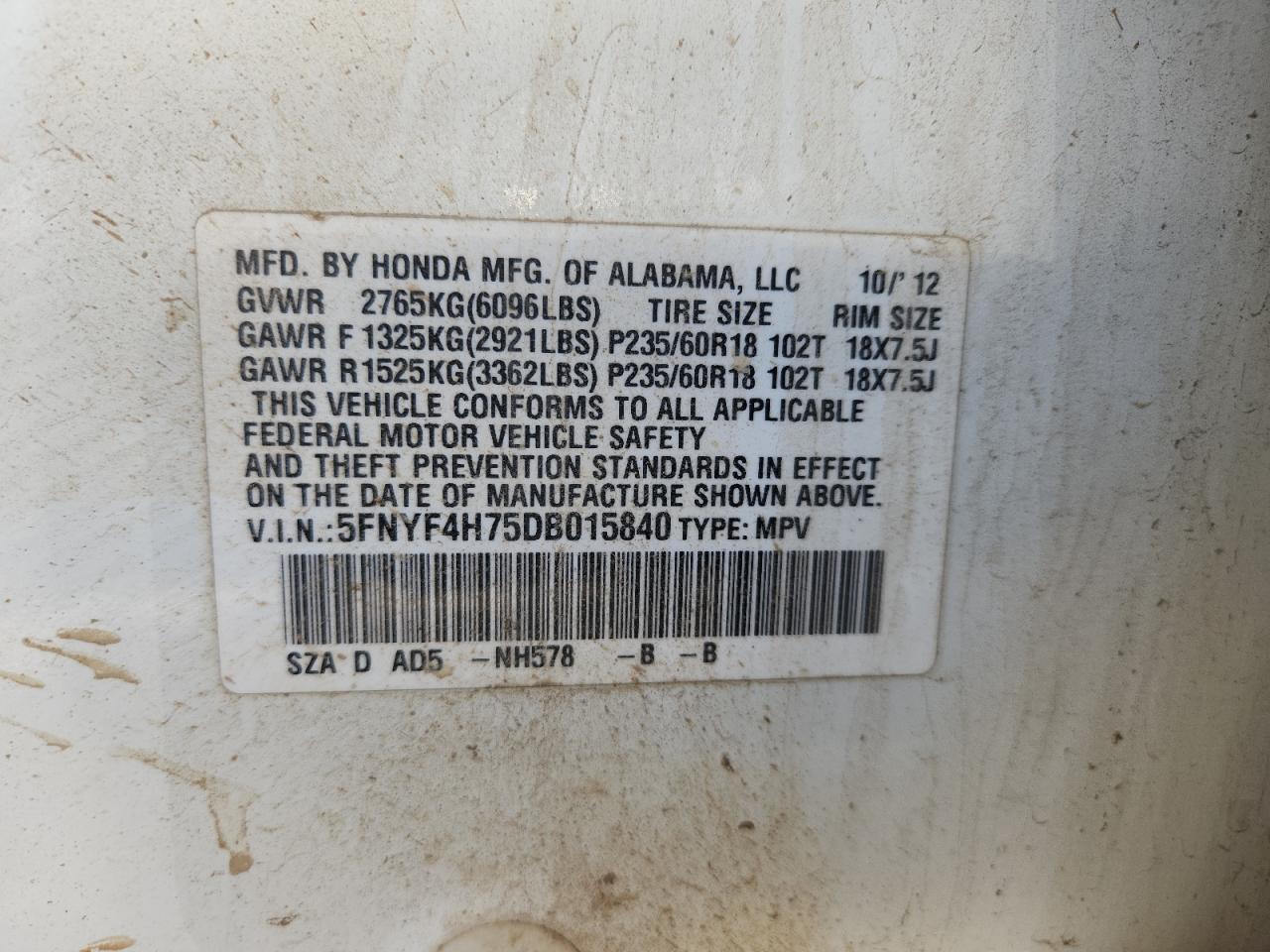 2013 Honda Pilot Exln VIN: 5FNYF4H75DB015840 Lot: 90800075