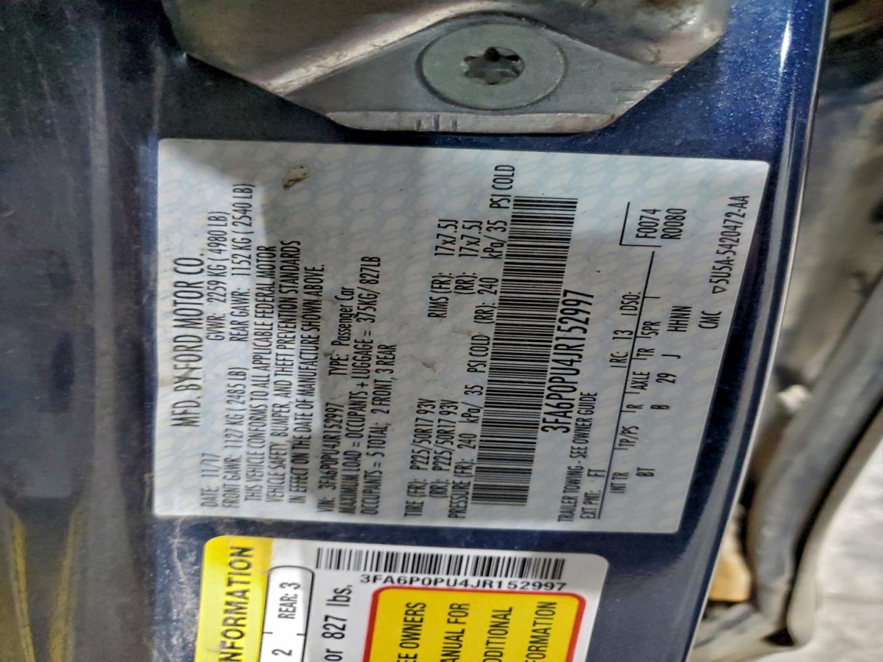 2018 Ford Fusion Se Phev VIN: 3FA6P0PU4JR152997 Lot: 93465615