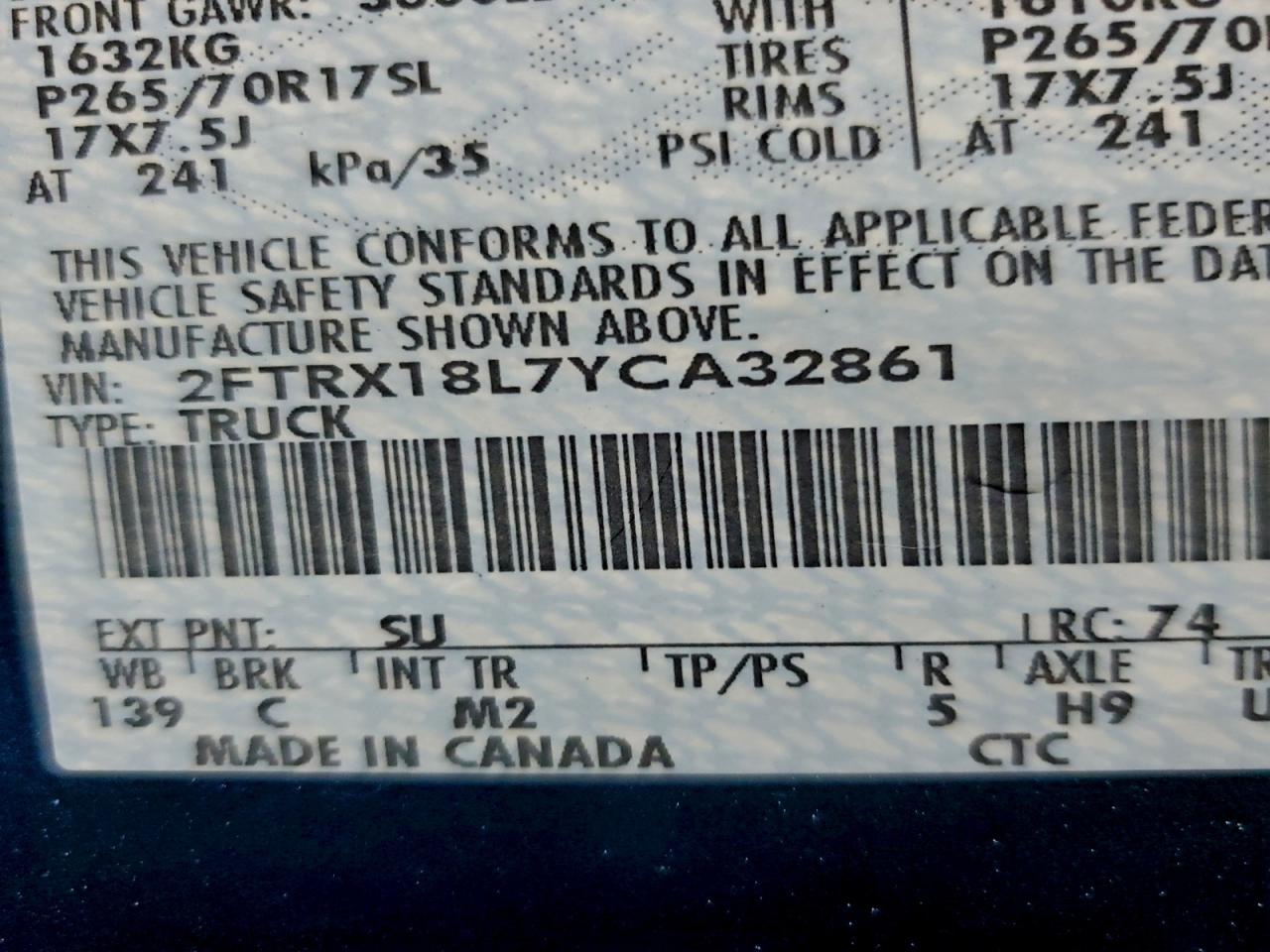 2000 Ford F150 VIN: 2FTRX18L7YCA32861 Lot: 94385285