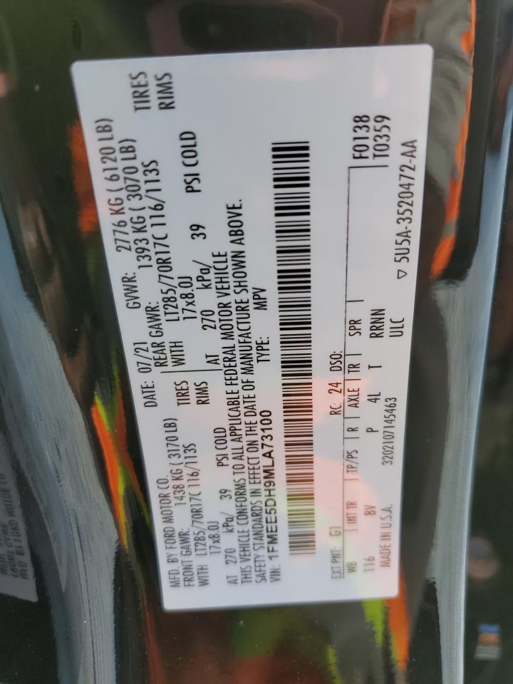 2021 Ford Bronco Base VIN: 1FMEE5DH9MLA73100 Lot: 93820685