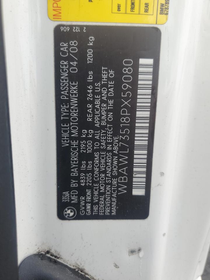 2008 BMW 335 I VIN: WBAWL73518PX59080 Lot: 92990135