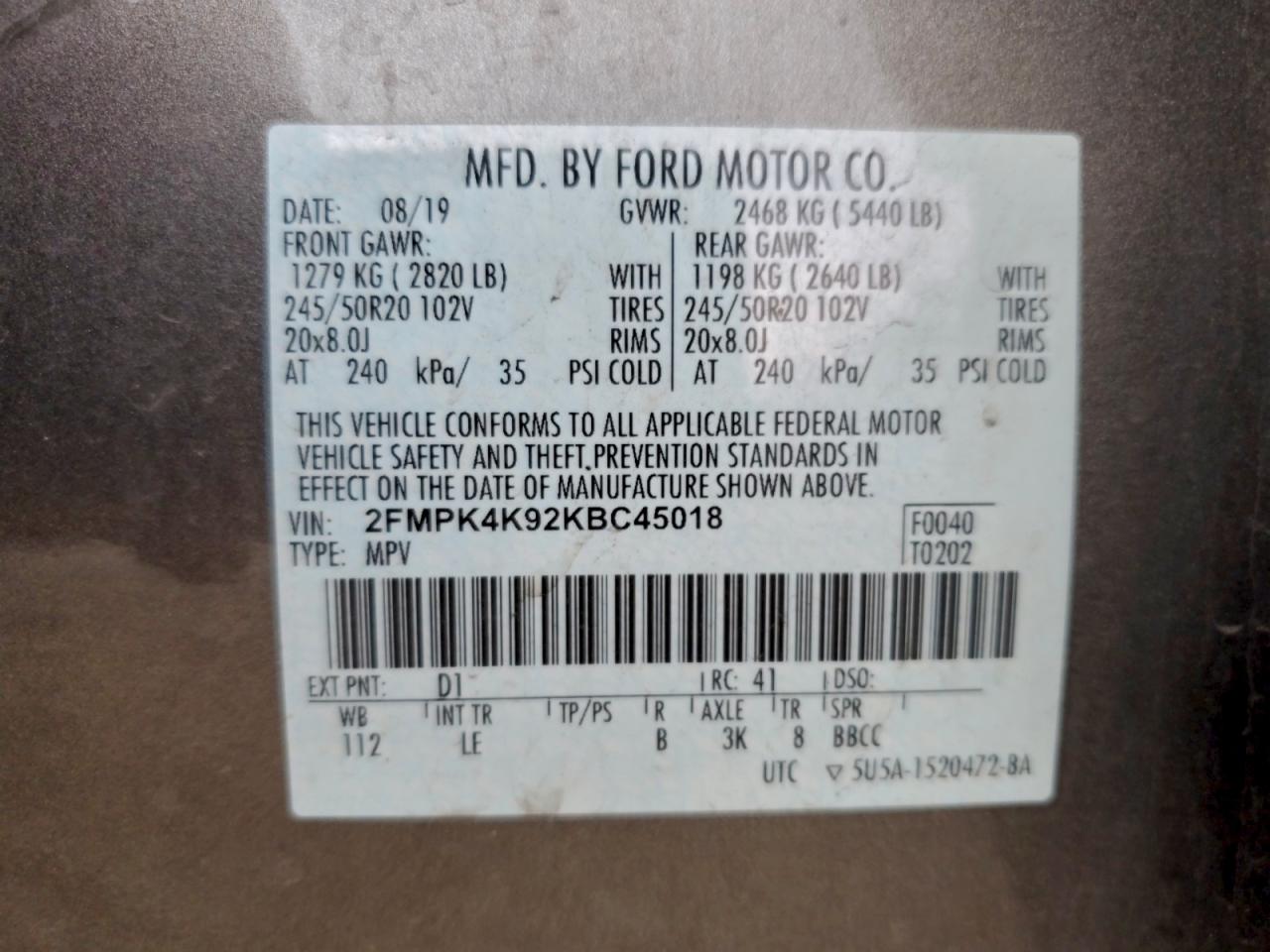 2019 Ford Edge Titanium VIN: 2FMPK4K92KBC45018 Lot: 93519425