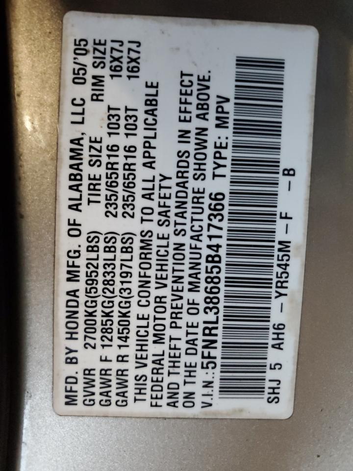 2005 Honda Odyssey Exl VIN: 5FNRL38685B417366 Lot: 92159955