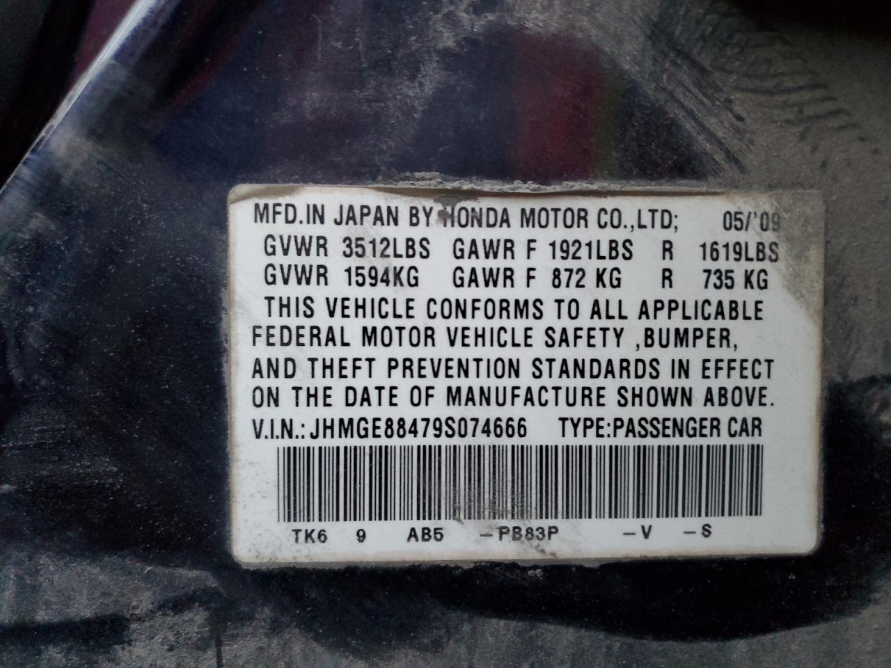 2009 Honda Fit Sport VIN: JHMGE88479S074666 Lot: 92596175