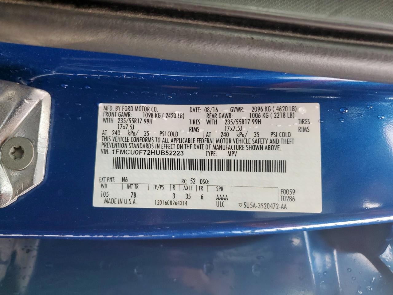 2017 Ford Escape S VIN: 1FMCU0F72HUB52223 Lot: 93189705