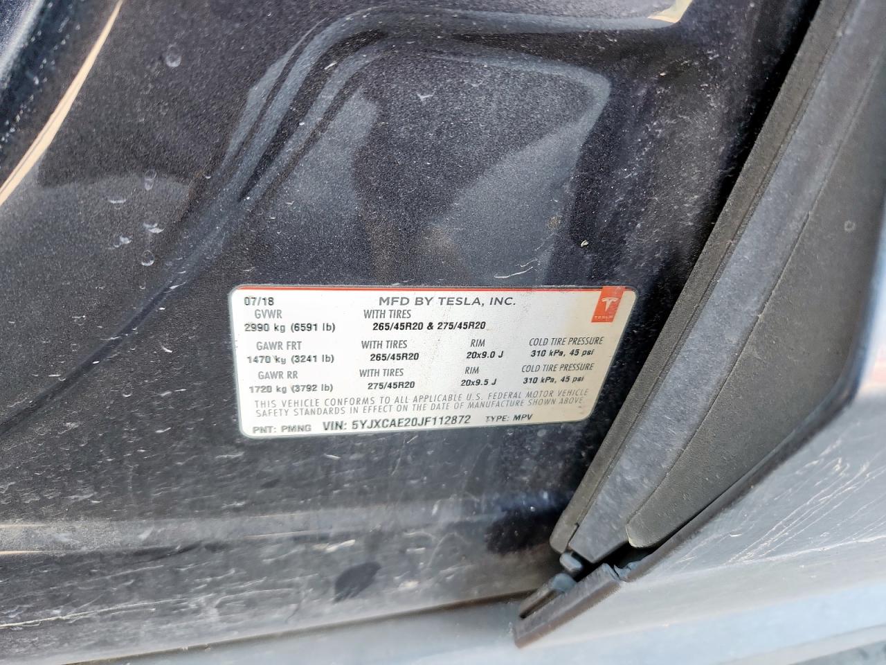 2018 Tesla Model X VIN: 5YJXCAE20JF112872 Lot: 92378865