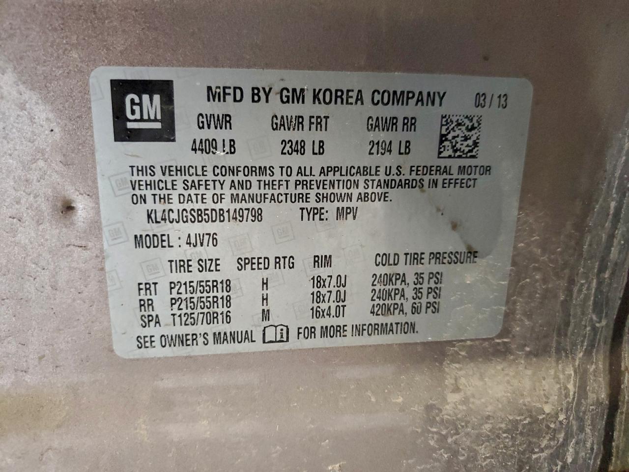 2013 Buick Encore VIN: KL4CJGSB5DB149798 Lot: 93353025