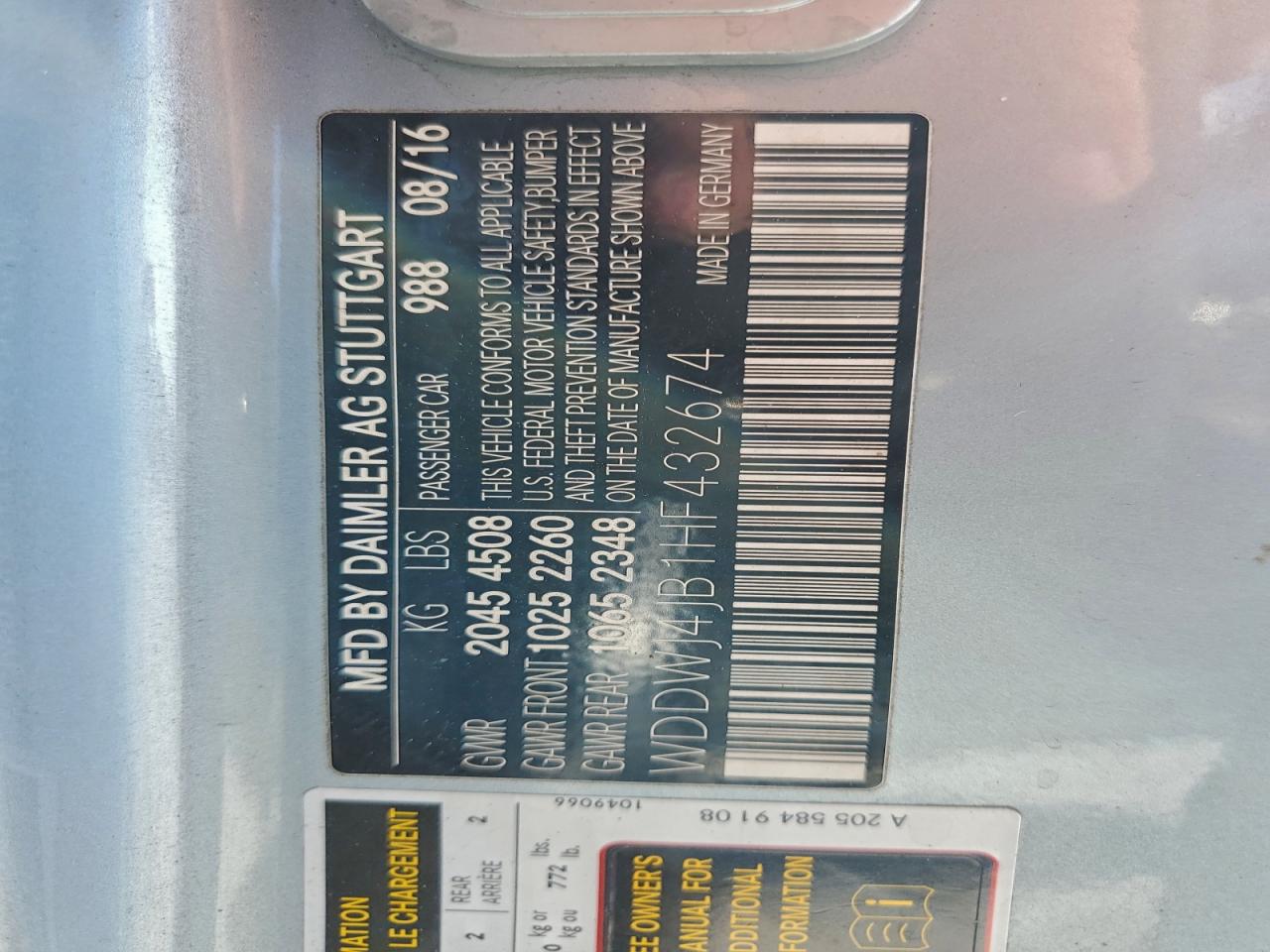 2017 Mercedes-Benz C 300 VIN: WDDWJ4JB1HF432674 Lot: 94063735