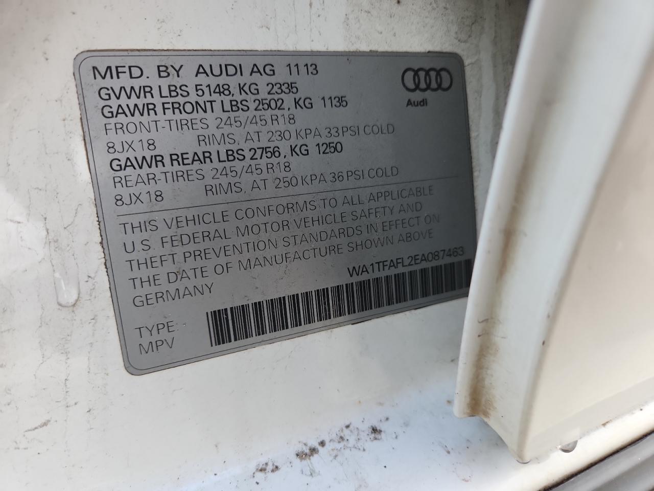 2014 Audi A4 Allroad Premium VIN: WA1TFAFL2EA087463 Lot: 92161535